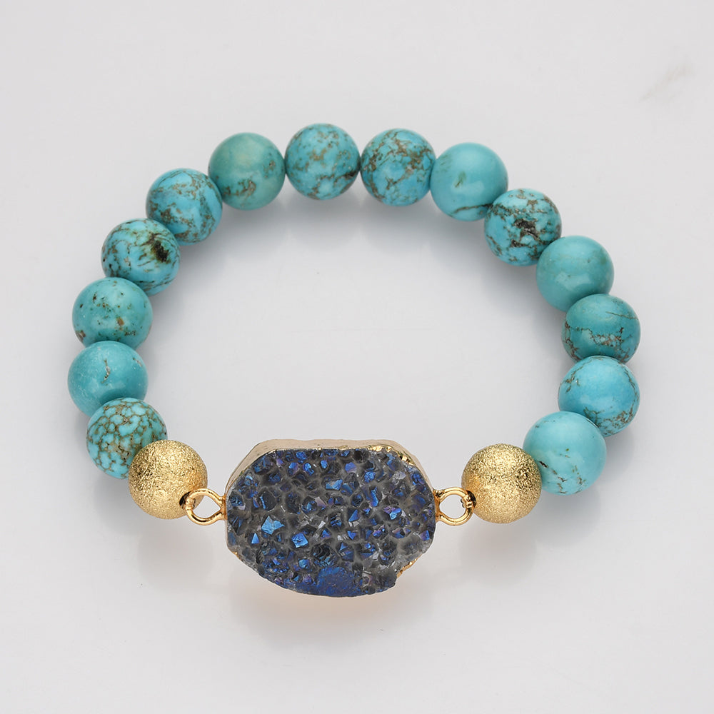 Gold Blue/Black Titanium Druzy & 10mm Blue Howlite Turquoise Beads Stretch Bracelet, Handmade Boho Jewelry AL678