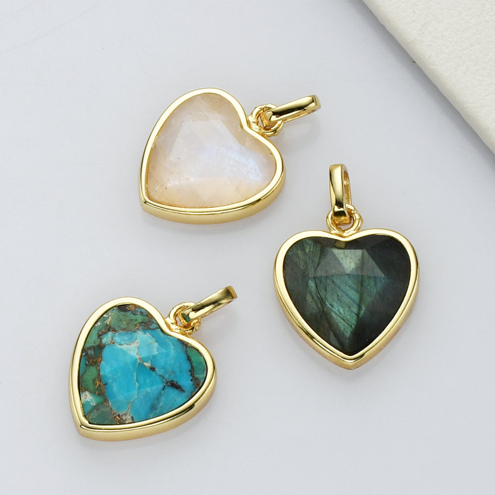 gemstone heart pendant , gold plated, faceted crystal pendant, charms, diy craft supply, moonstone labradorite copper turquoise pendant jewelry