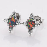 925 Sterling Silver Oval Black Opal Stud Earrings, CZ Pave, Fashion Gemstone Earrings Jewelry SS290-1