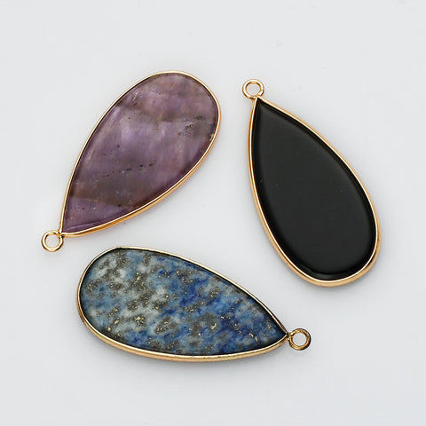 Teardrop Gold Multi Gemstone Pendant Bead, Amethyst Jasper Stone Charm, Wholesale Supply WX2216