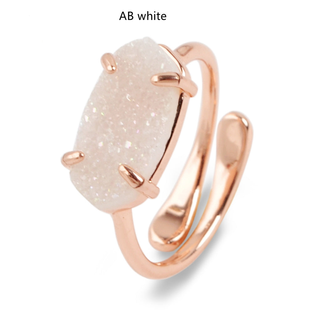 AB white druzy ring, Rose Gold Claw Hexagon Titanium Druzy Ring, Adjustable, Agate Drusy Gemstone Ring, Boho Jewelry ZG0320