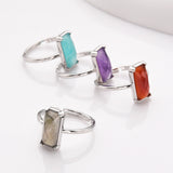 Silver Bezel Rectangle Multi Gemstone Faceted Statement Ring, Adjustable Crystals Rings ZS0532