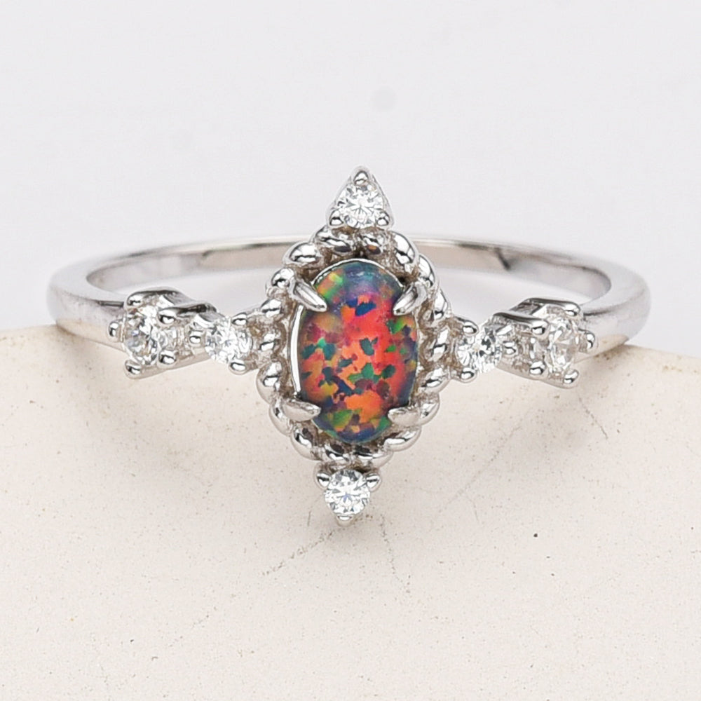 925 Sterling Silver Oval Black Opal Ring, CZ Pave, Fashion Jewelry SS288-1