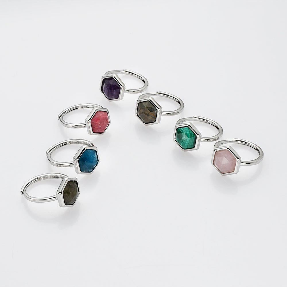 Hexagon Silver Gemstone Ring, Adjustable Size, Birthstone Ring, Natural Crystal Jewelry WX2233