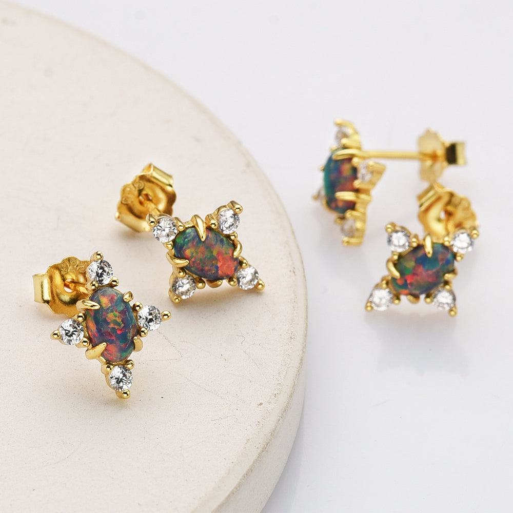 Gold Plated Oval Black Opal Stud Earrings, 925 Sterling Silver, CZ Jewelry Earrings SS289-1