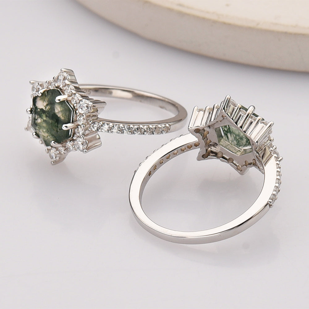 925 Sterling Silver Hexagon Natural Moss Agate Ring, Zircon Ring, Fashion Jewelry SS291-2