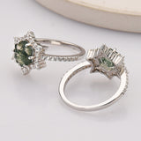 925 Sterling Silver Hexagon Natural Moss Agate Ring, Zircon Ring, Fashion Jewelry SS291RS