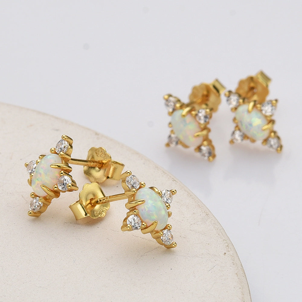 Gold Plated White Opal Stud Earrings, 925 Sterling Silver, CZ Pave, Gemstone Earrings Jewelry SS289-3