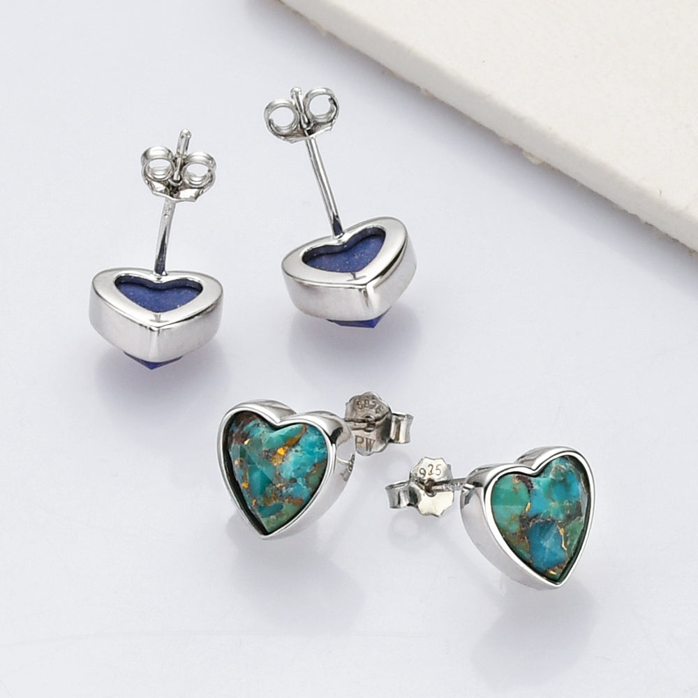 silver copper turquoise heart stud earrings, S925 Sterling Silver Bezel Moonstone Heart Stud Earrings, Faceted Gemstone Crystal Earring, Birthstone Jewelry SS261