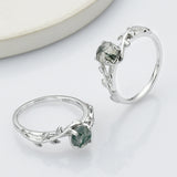 925 Sterling Silver Round Natural Moss Agate CZ Leaf Ring SS268-2