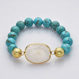 Gold Plated White Solar Quartz Bracelet, 10mm Blue Howlite Turquoise Beads, Handmade Boho Jewelry AL750