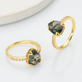 925 Sterling Silver Gold Drop Natural Moss Agate Ring, CZ Micro Pave SS267RG