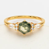 Gold Plated 925 Sterling Silver White CZ Hexagon Moss Agate Faceted Ring SS276RG