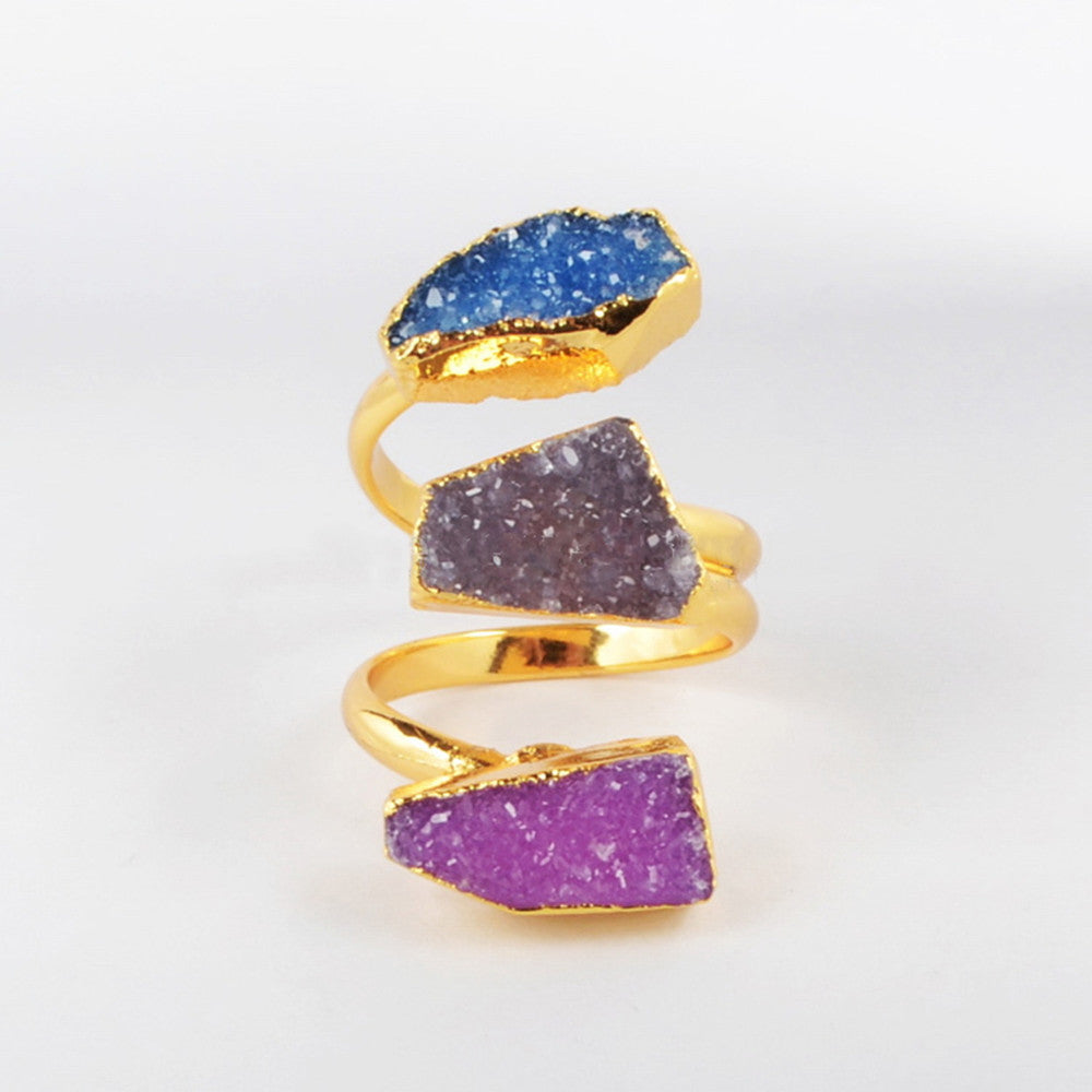 Gold Plated Rainbow Natural Agate Druzy Geode Ring, Adjustable 3-Stones Wrap Ring, Boho Jewelry G0112