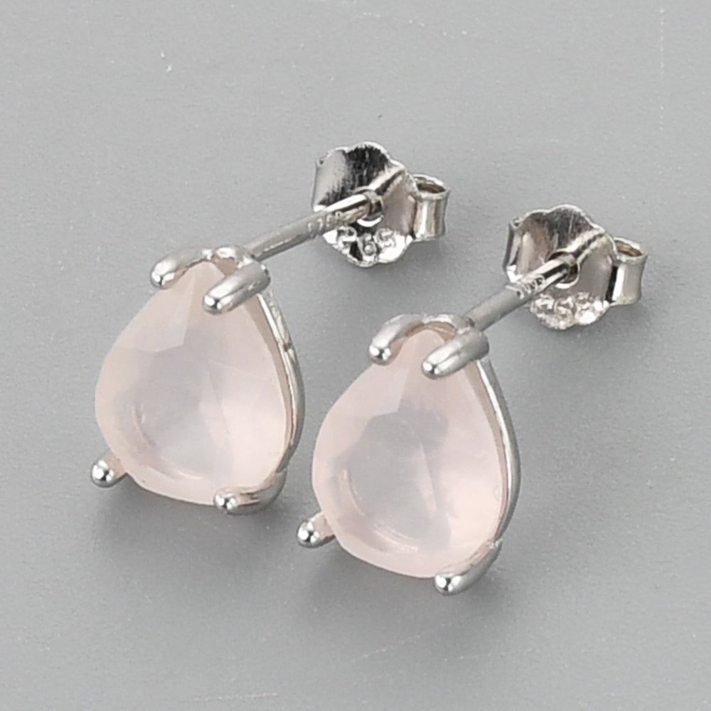S925 Sterling Silver Claw Teardrop Rose Quartz Stud Earrings, Faceted Gemstone Crystal Post Earring, Birthstone Jewelry SS247-2