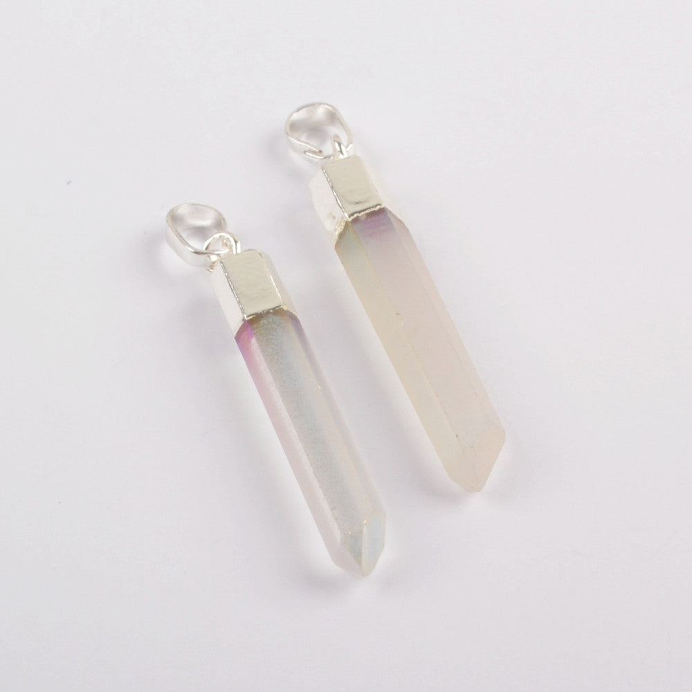 Silver Plated Small Titanium AB White Crystal Point Pendant, Angel Aura Quartz Jewelry S1395