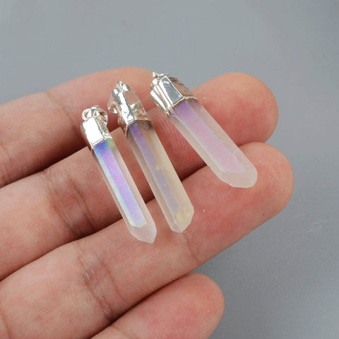 Silver Plated Small Titanium AB White Crystal Point Pendant, Angel Aura Quartz Jewelry S1395