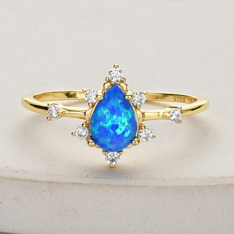 925 Sterling Silver Claw Opal Ring in Gold Plated, CZ Micro Pave, Teardrop Fire Opal Jewelry SS264RG