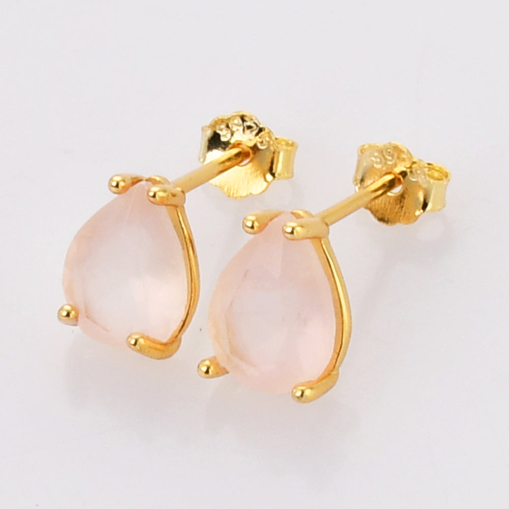 Gold Claw Teardrop Rose Quartz Stud Earrings, Faceted Gemstone Crystal Post Earring, Birthstone Jewelry SS247-1