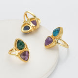 Unique Triangle Amethyst & Teardrop Gemstone Ring, Gold Plated, Faceted Stone Ring, Adjustable, Crystal Jewelry WX2231