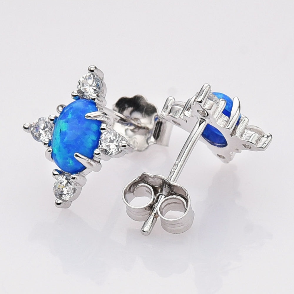 925 Sterling Silver Oval Blue Opal Stud Earrings, CZ Pave, Fashion Gemstone Earrings Jewelry SS290-2