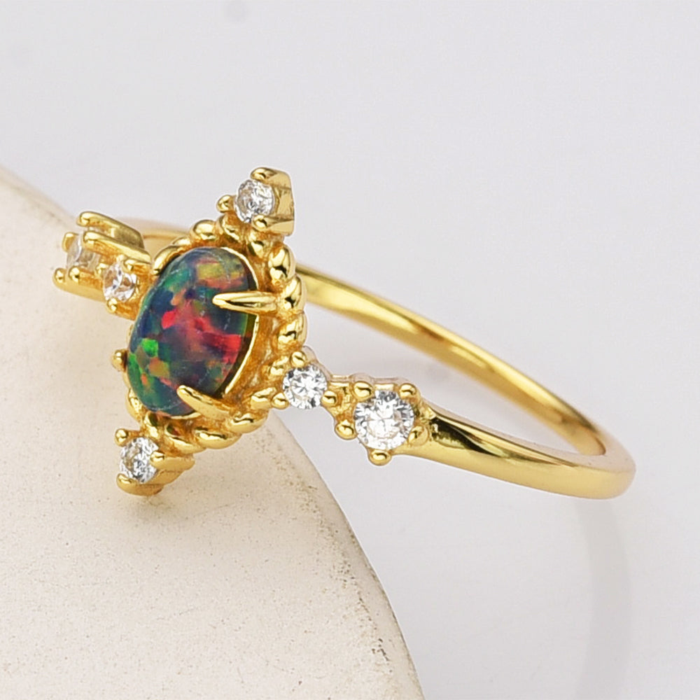 Gold Plated Oval Black Opal Ring, 925 Sterling Silver, CZ Jewelry Ring SS287-1