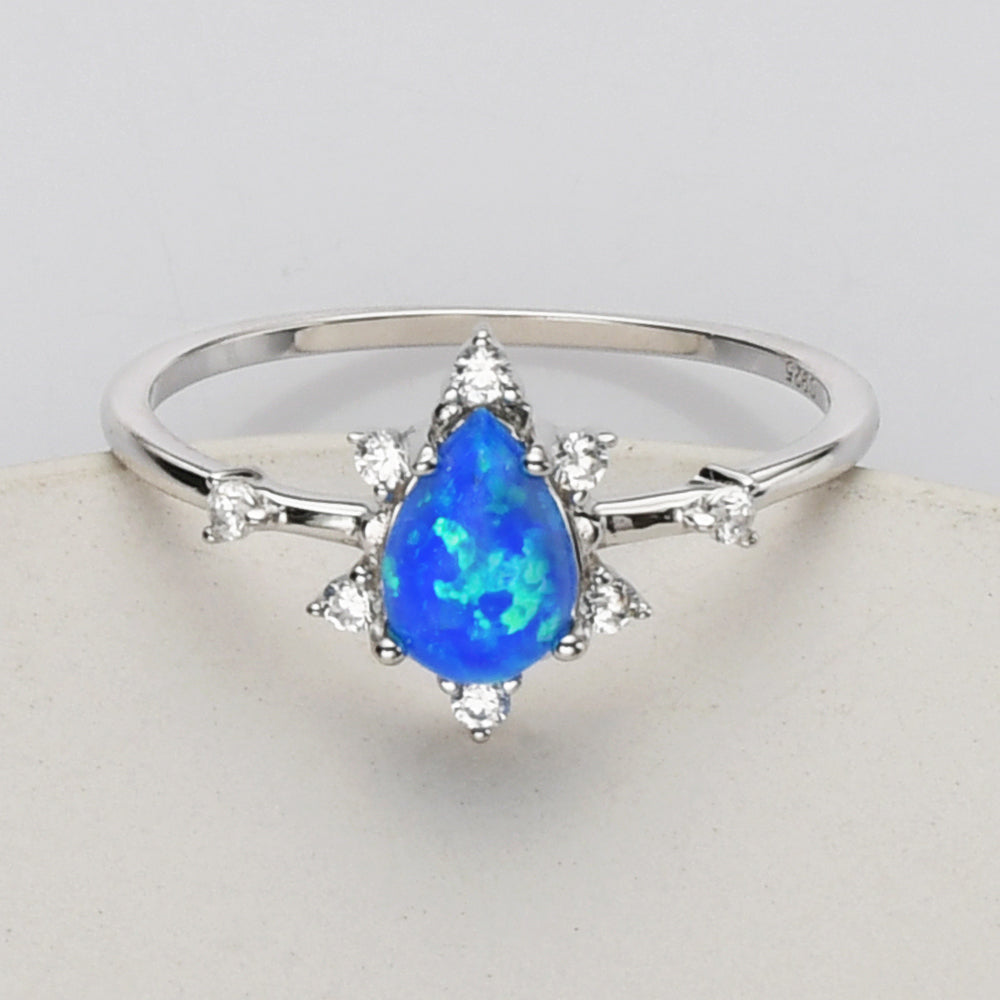 silver CZ blue opal ring, S925 Sterling Silver Opal Rings, CZ Micro Pave, Teardrop Fire Opal Jewelry SS266