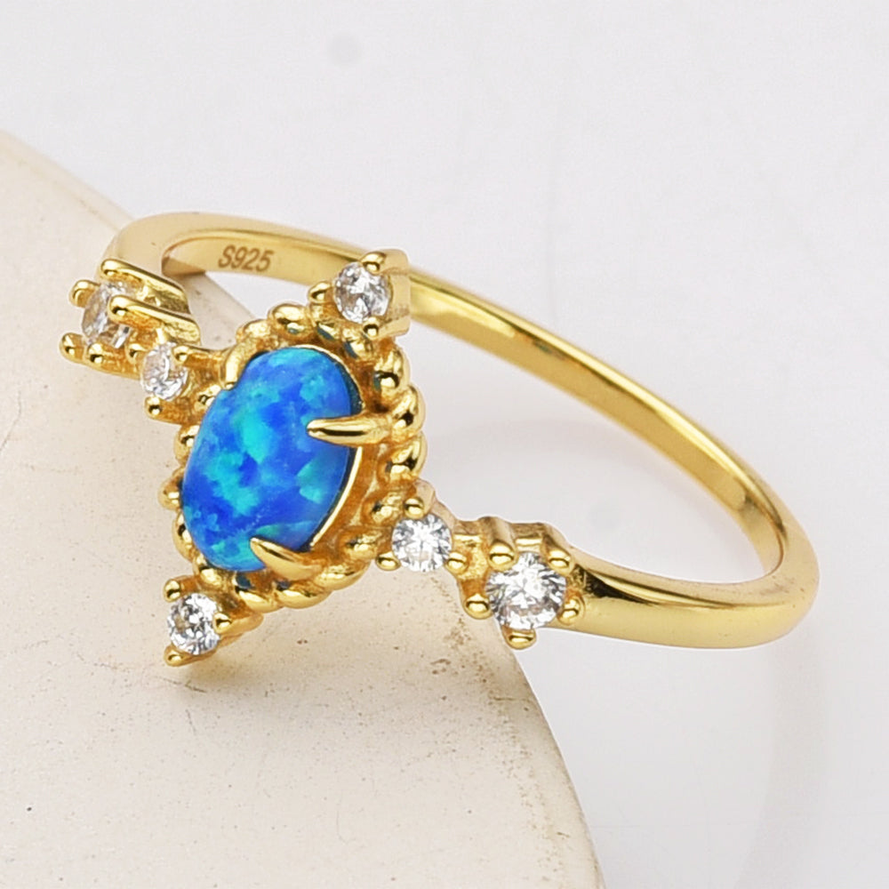 Gold Plated Oval Blue Opal Ring, 925 Sterling Silver, CZ Jewelry Ring SS287-2