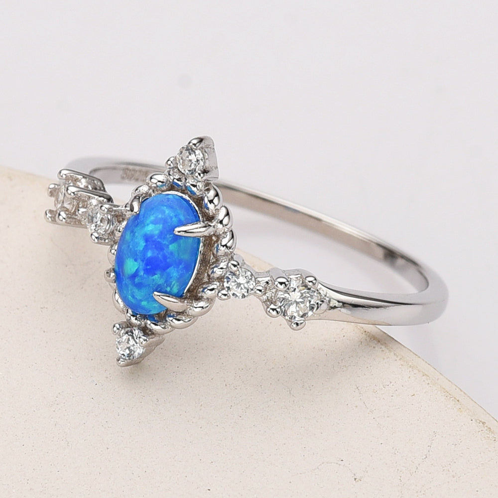 925 Sterling Silver Oval Black Opal Ring, CZ Pave, Fashion Jewelry SS288-2