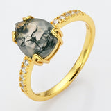 925 Sterling Silver Gold Drop Natural Moss Agate Ring, CZ Micro Pave SS267RG