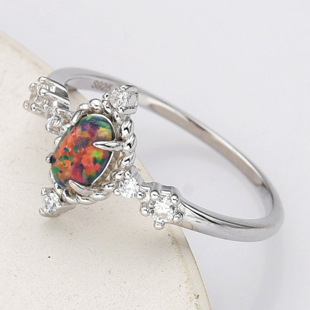 925 Sterling Silver Oval Black Opal Ring, CZ Pave, Fashion Jewelry SS288-1