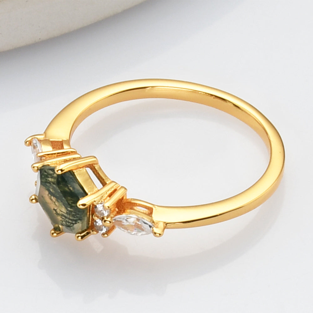 Gold White Diamond Hexagon Natural Moss Agate Faceted Ring, Sterling Silver Ring Jewelry SS276-1