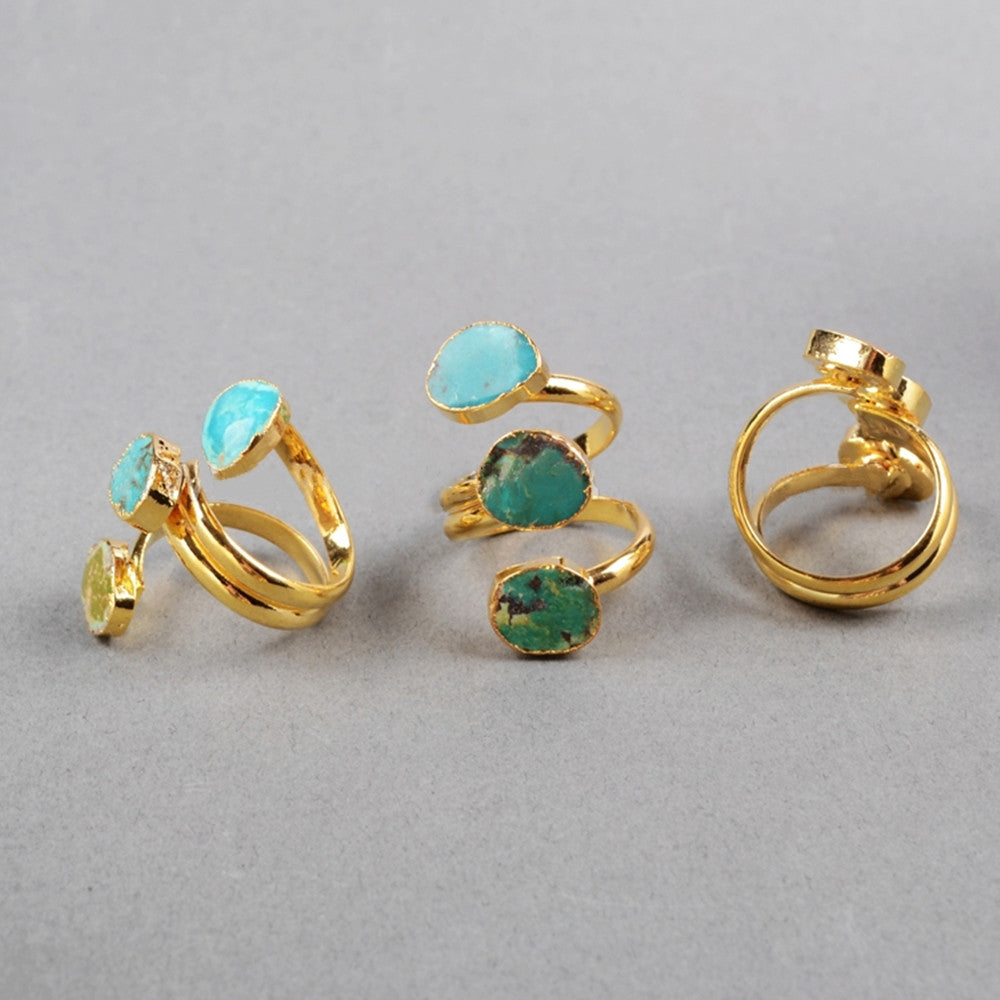 Gold Plated Three Turquoise Ring, Adjustable, Genuine Turquoise Gemstone Jewelry Ring G0280