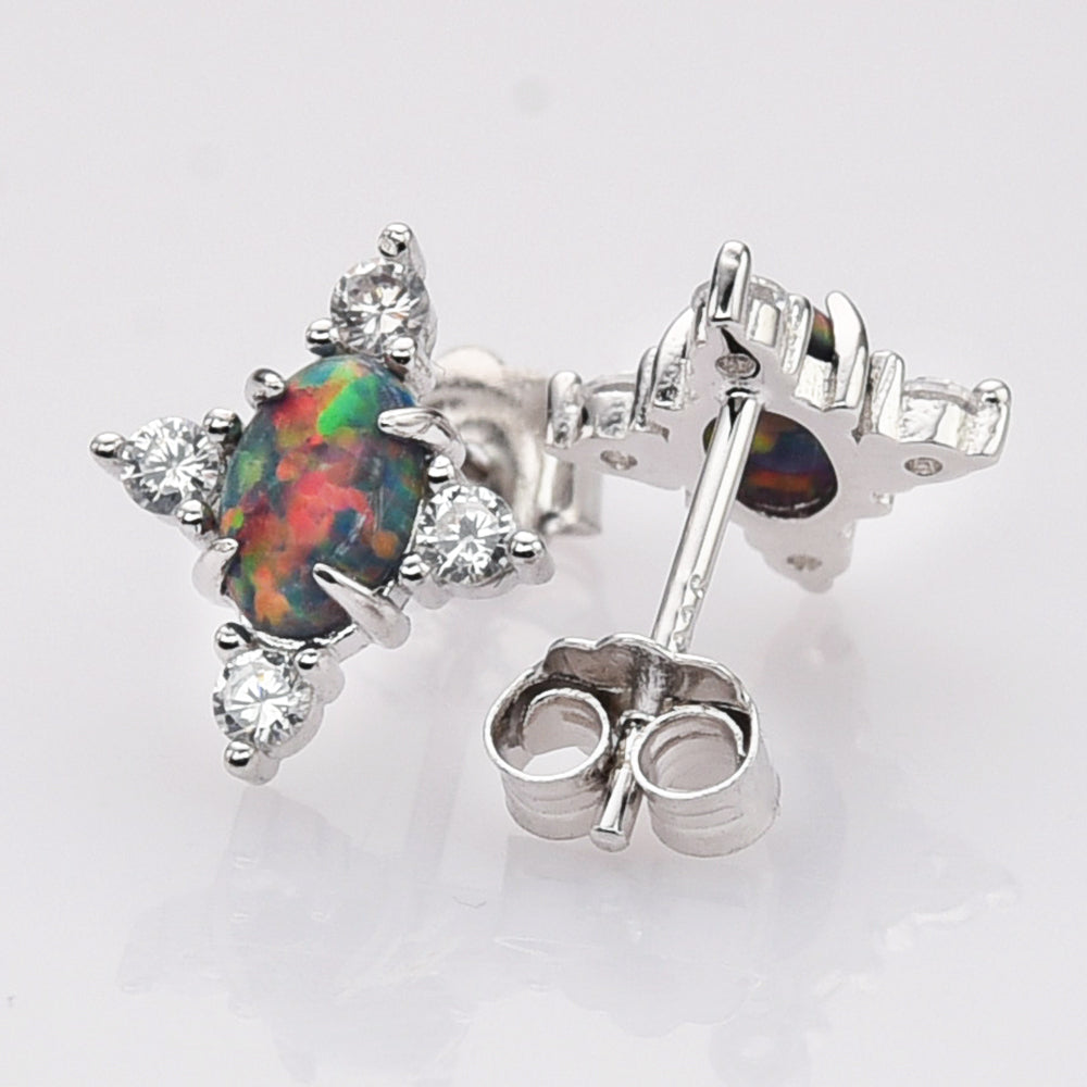 925 Sterling Silver Oval Black Opal Stud Earrings, CZ Pave, Fashion Gemstone Earrings Jewelry SS290-1