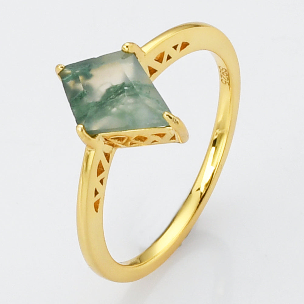 925 Sterling Silver Gold Claw Diamond Moss Agate Ring SS270-1