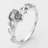 925 Sterling Silver Round Natural Moss Agate CZ Leaf Ring SS268-2