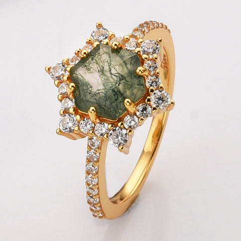 Gold Plated Hexagon Natural Moss Agate CZ Ring, 925 Sterling Silver Ring Jewelry SS291RG