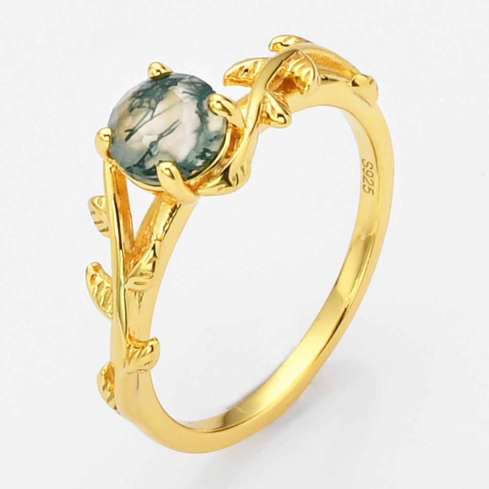 Gold Sterling Silver Round Natural Moss Agate Statement Ring, Gold Leaf Ring SS268-1