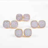 Square 12mm Natural Titanium AB White Druzy Stud Earrings Gold Plated Jewelry G0880