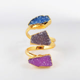 Gold Plated Three Rainbow Druzy Ring, Adjustable Natural Agate Drusy Geode Wrap Ring, Boho Jewelry G0112