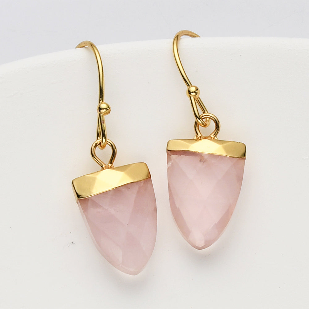 Gold Plated Rose Quartz Shield Faceted Earrings, Gemstone Earring, Birthstone Jewelry G2071-E
