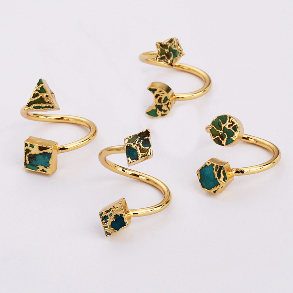 Gold Plated Geometric Natural Copper Turquoise Double Stone Moon Star Wrap Ring Adjustable ED003