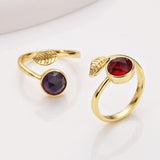 Gold Plated Leaf Round Gemstone Faceted Adjustable Rings, Natural Crystals Rings ZG0533