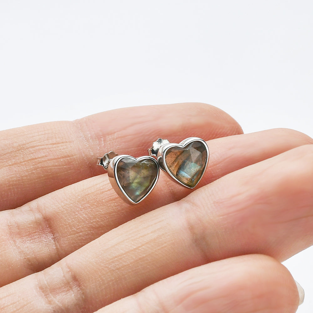 silver labradorite heart stud earrings, S925 Sterling Silver Bezel Moonstone Heart Stud Earrings, Faceted Gemstone Crystal Earring, Birthstone Jewelry SS261
