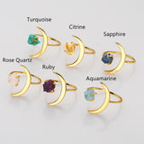 Gold Plated Birthstone Star Moon Ring, Raw Amethyst Crystal Ring, Adjustable Open Ring, Fashion Gemstone Jewelry AL639