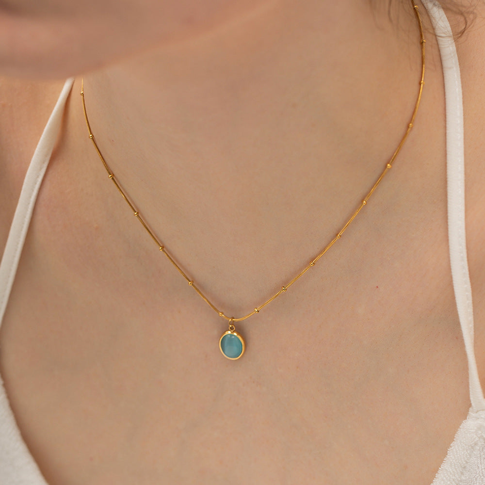 Blue Cat's Eye Pendant Necklace, 18K Gold Titanium Steel, Fashion Summer Jewelry AL685