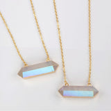 30" Gold Plated Long Hexagon Natural Titanium AB White Aura Crystal Terminated Point Necklace G1868-N