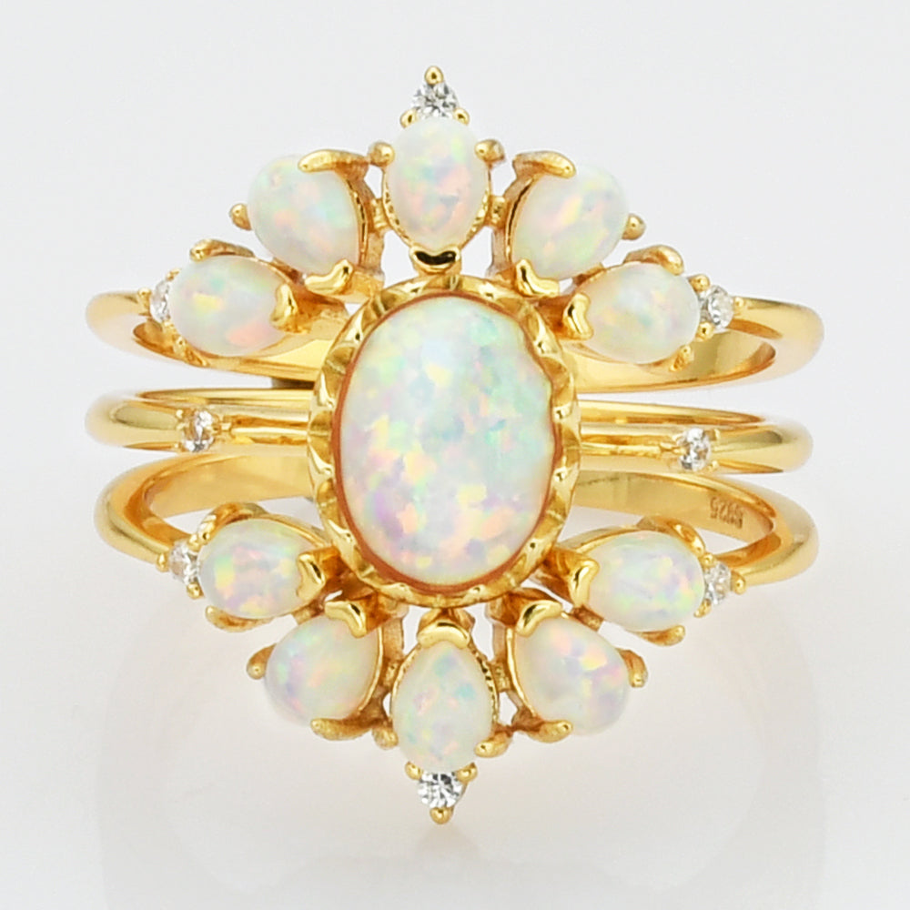 Unique Gold Plated White Opal Three Piece Set Ring, 925 Sterling Silver, CZ Pave Jewelry SS272-3 Flower Ring 