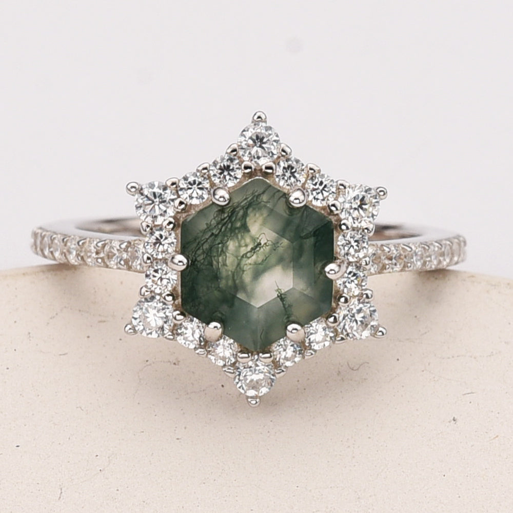 925 Sterling Silver Hexagon Natural Moss Agate Ring, Zircon Ring, Fashion Jewelry SS291-2