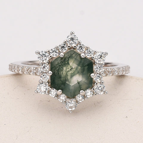 925 Sterling Silver Hexagon Natural Moss Agate Ring, Zircon Ring, Fashion Jewelry SS291RS